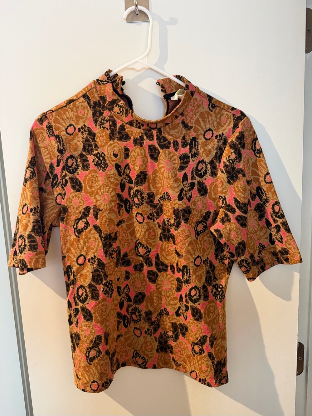 Maeve Floral Mock Neck Short Sleeve Top in Mustard and Pink